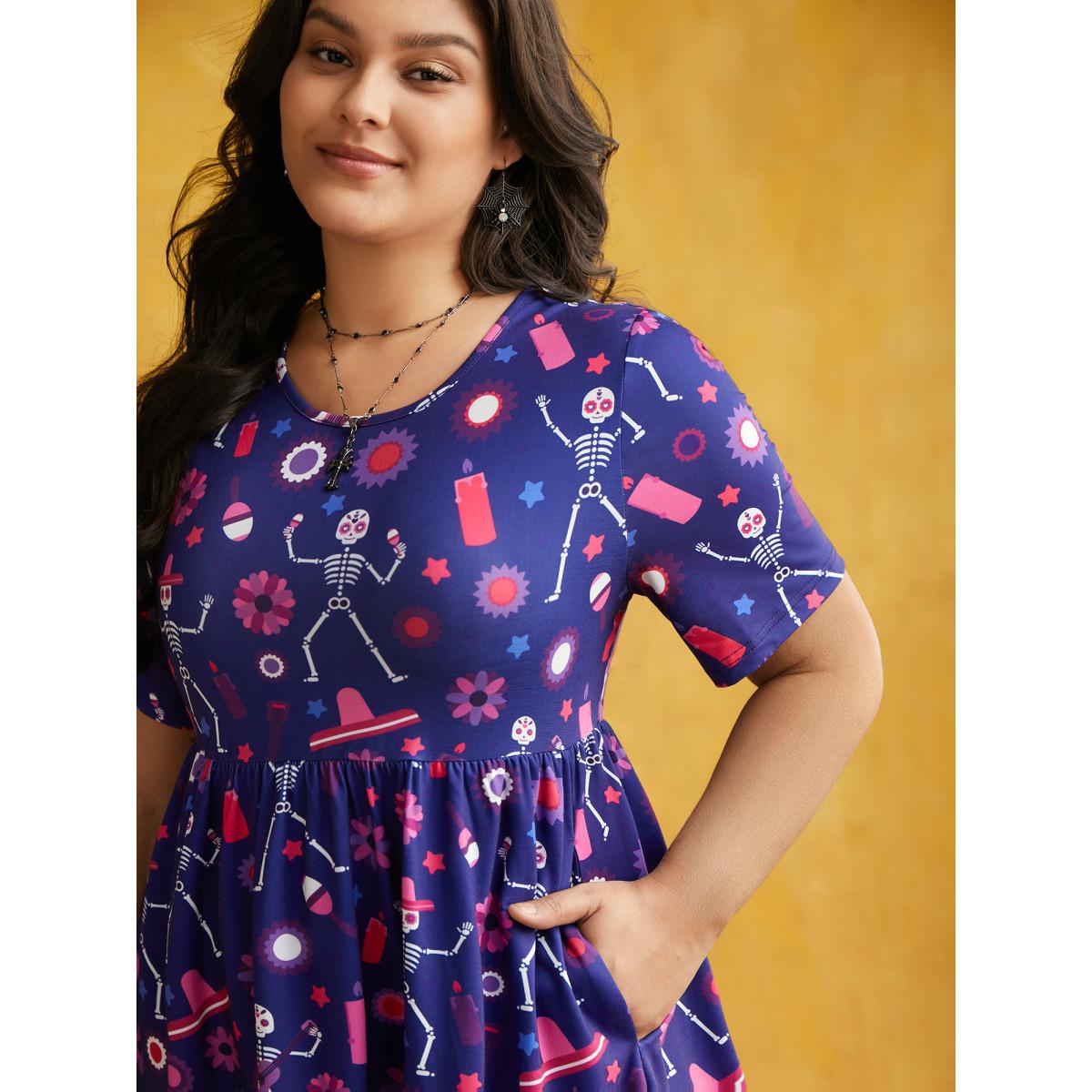 Plus Size Musical Skeleton Waist-Cinching Dress DarkBlue Women Cocktail Non Party Curvy Bloomchic 12/L Product Image