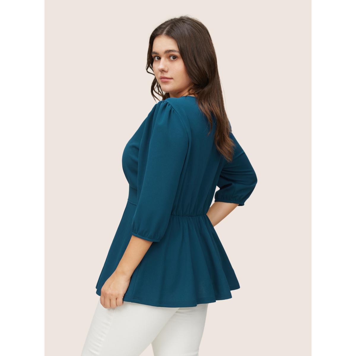 Plus Size Aegean Plain Plicated Detail Button Detail Blouse Women At the Office Elbow-length sleeve V-neck Work Blouses BloomChic 12/L Product Image