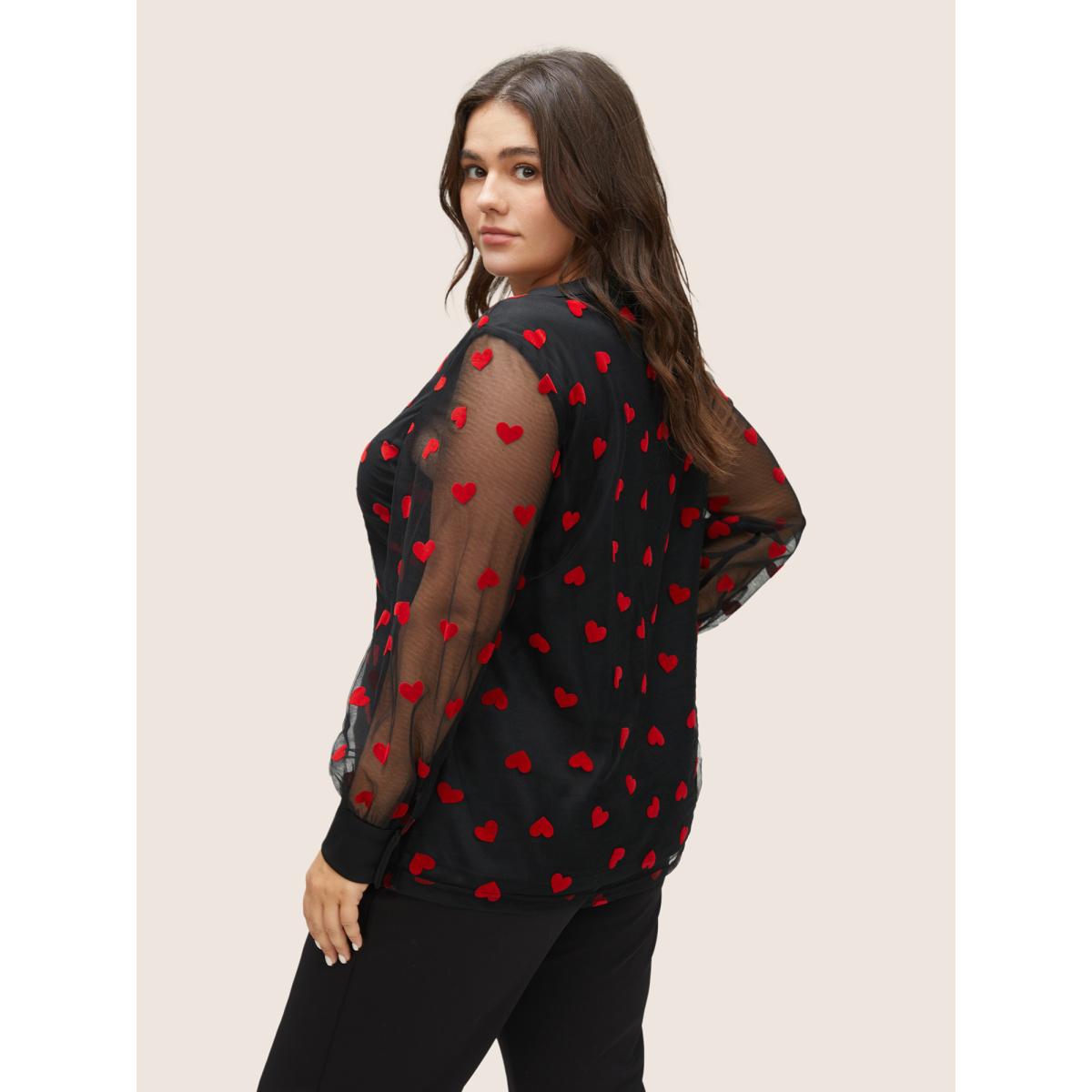 Plus Size Black Heart Mesh Patchwork V Neck Blouse Women Cocktail Long Sleeve V-neck Party Blouses BloomChic 10/M Product Image