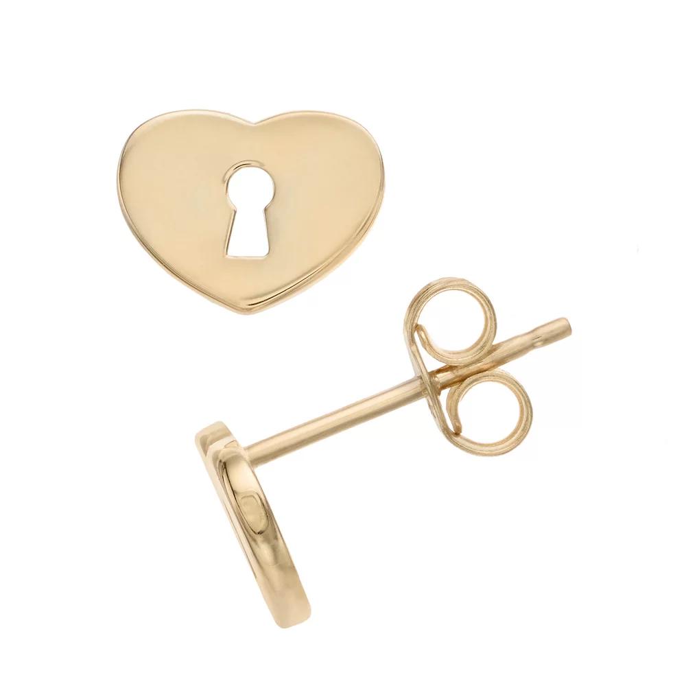14k Gold Heart Lock Stud Earrings, Women's Product Image