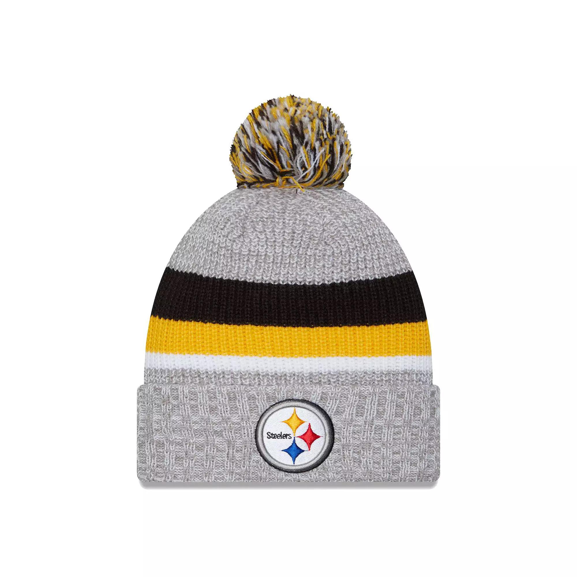 Men's New Era Heather Gray Pittsburgh Steelers Cuffed Knit Hat with Pom, Grey Product Image