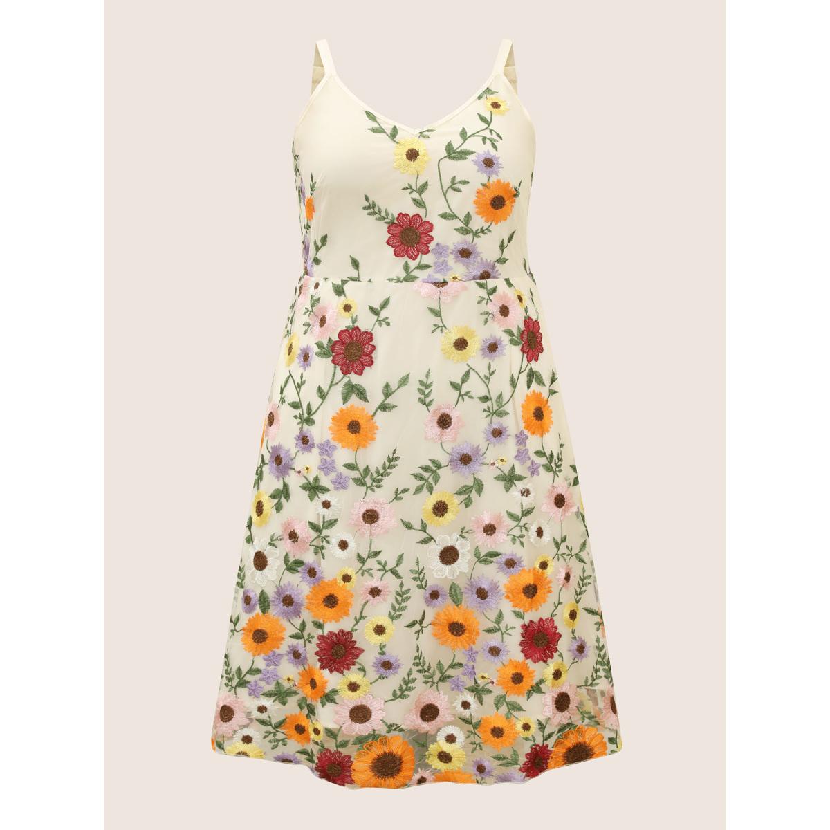 Plus Size V Neck Floral Embroidered Mesh Cami Dress Ivory Women Formal Embroidered V-neck Sleeveless Curvy BloomChic 22-24/3X Product Image