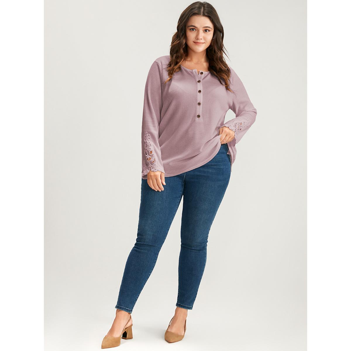 Plus Size Solid Button Up Waffle Knit Long Tee Lilac Women Elegant Plain Plain Round Neck Dailywear T-shirts BloomChic 12/L Product Image