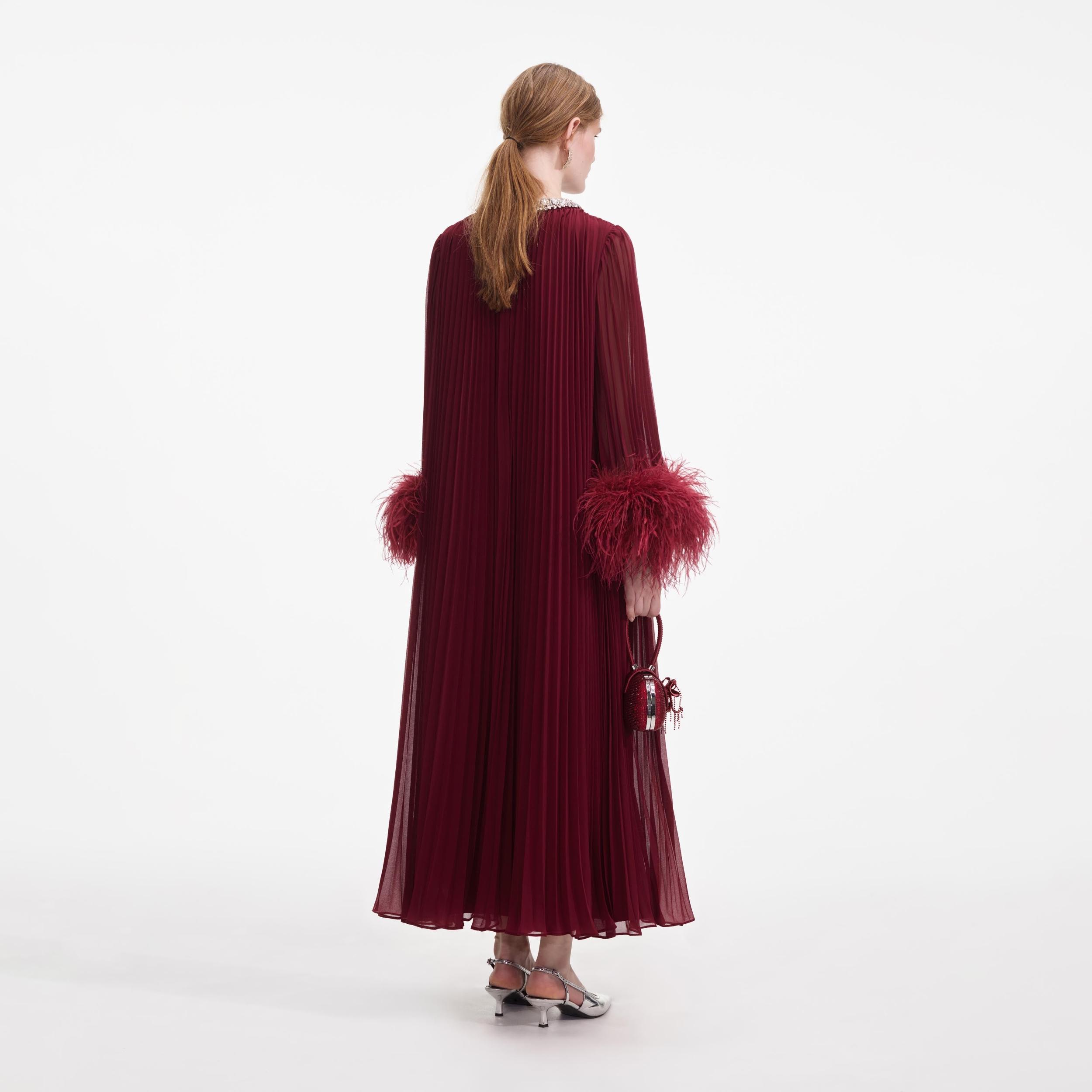 Burgundy Chiffon Feather Midi Dress Product Image