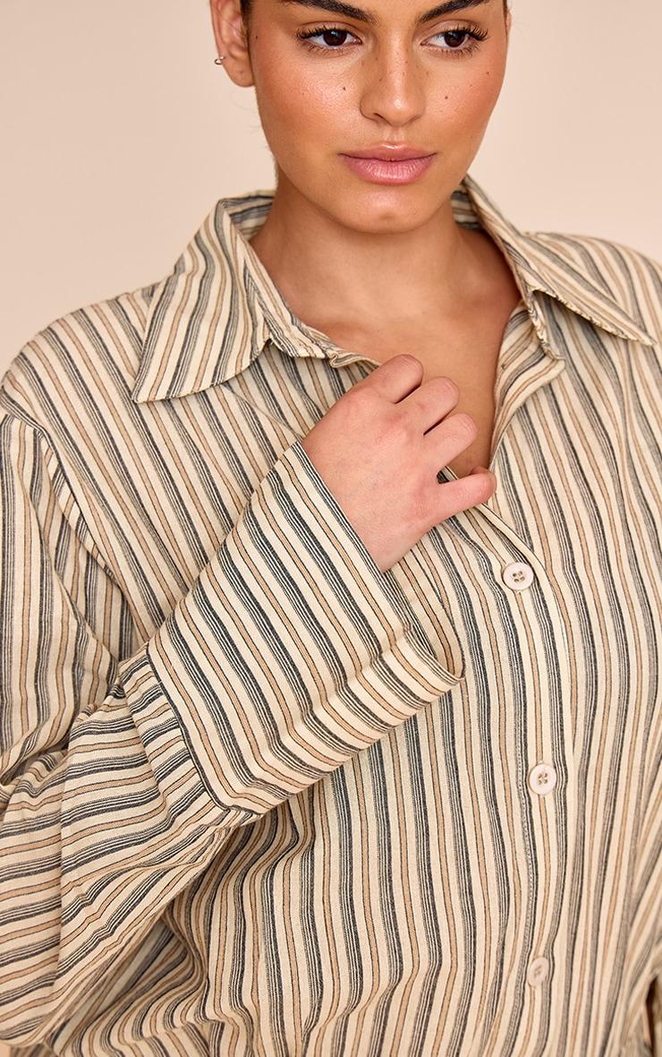 Plus Stone Linen Look Stripe Shirt Style Long Sleeve Skort Romper Product Image