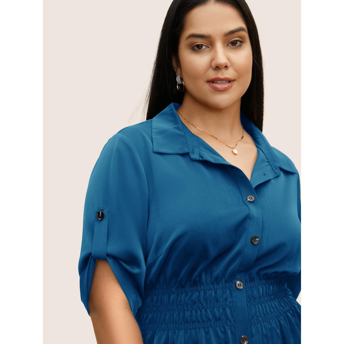 Plus Size Cerulean Shirt Collar Button Cuff Sleeve Blouse Women Work From Home Half Sleeve Shirt collar Work Blouses BloomChic 12/L Product Image