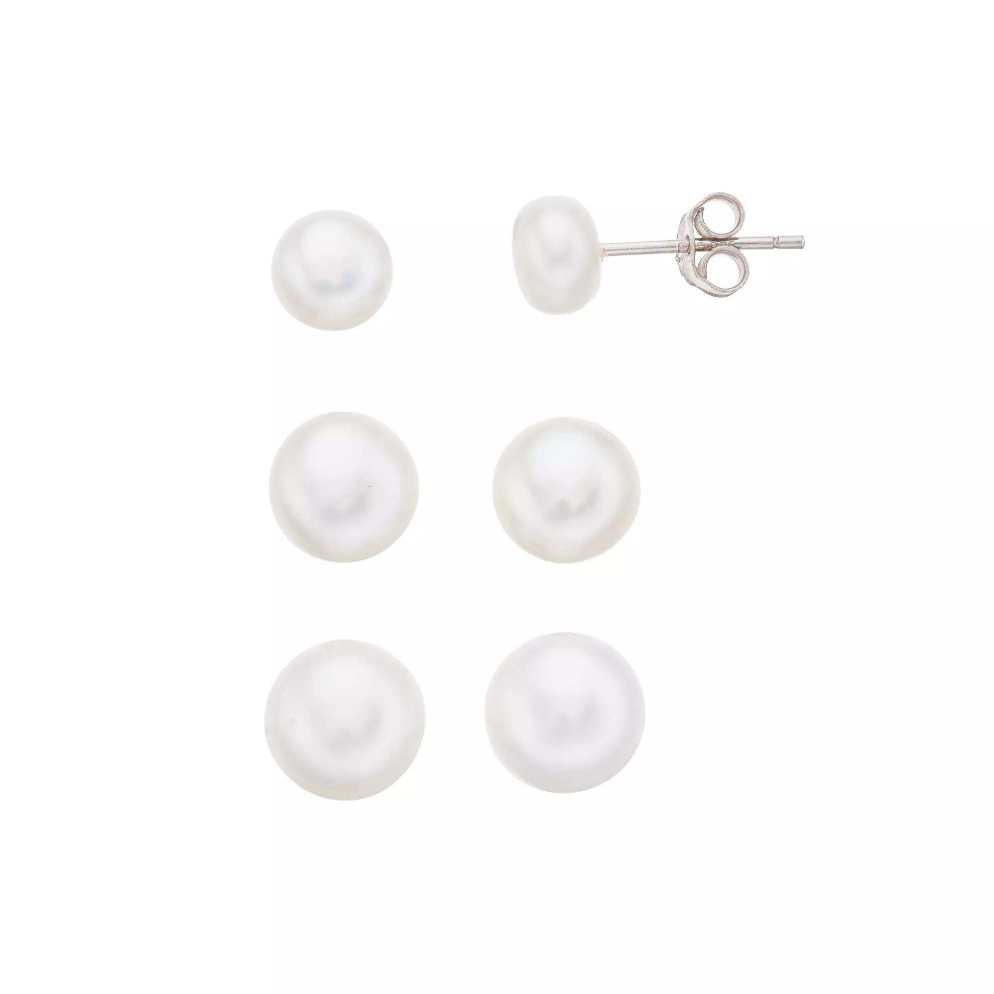 Aleure Precioso 3 Pair Sterling Silver Freshwater Cultured Pearl Stud Earring Set, Women's, Sterling Silver White Product Image