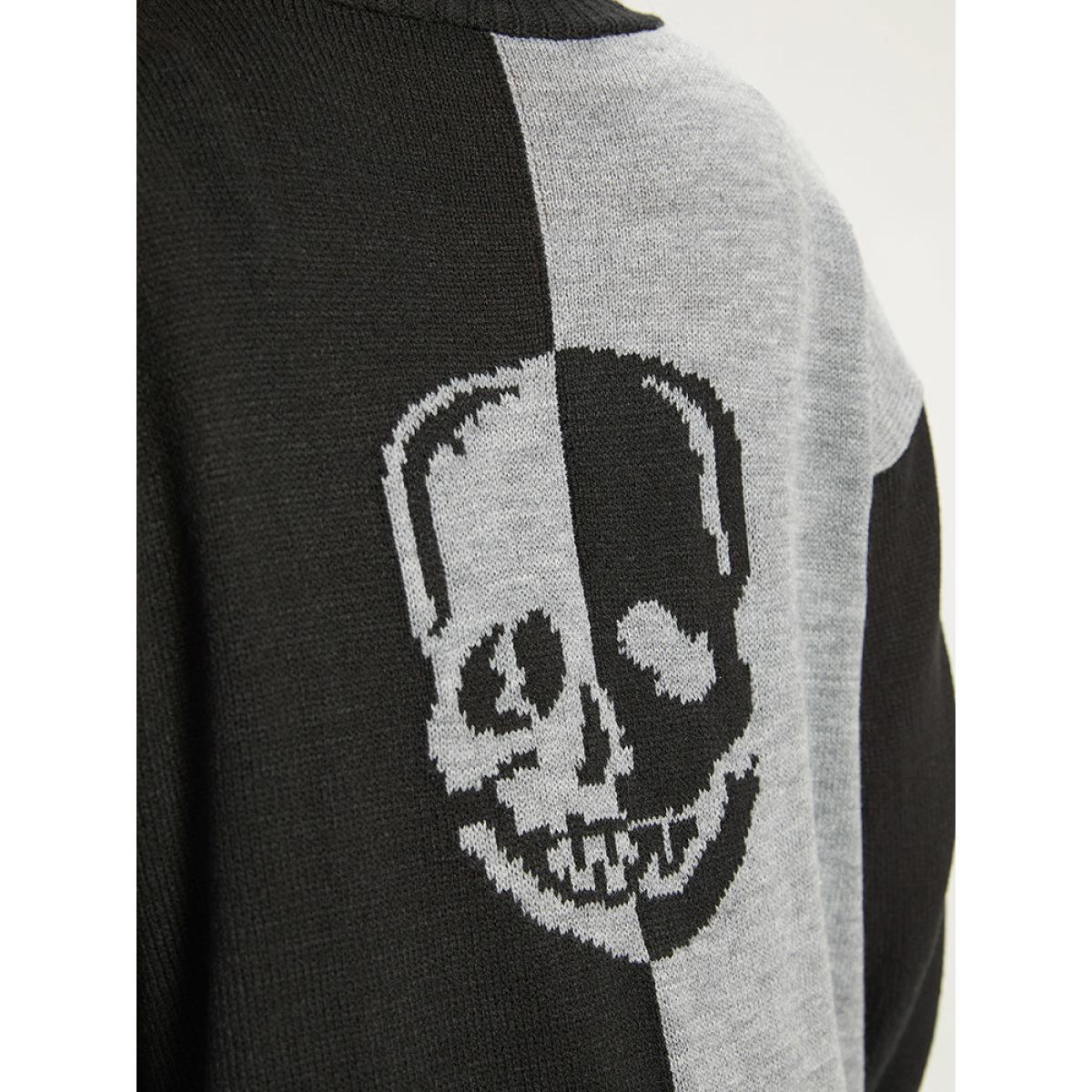 Plus Size Halloween Skull Print Contrast Patched Pocket Cardigan Black Women Casual Loose Long Sleeve Festival-Halloween Cardigans BloomChic 26/4X Product Image