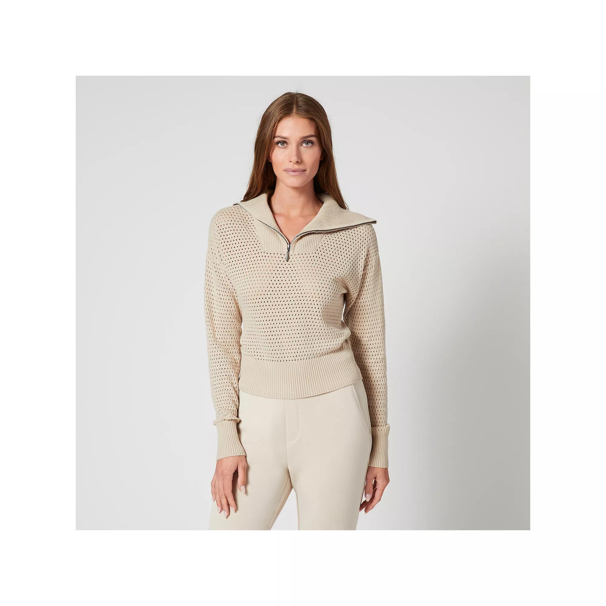 Womens Grey & Gray Zip Neck Mesh Stitch Sweater, Women's,  Product Image