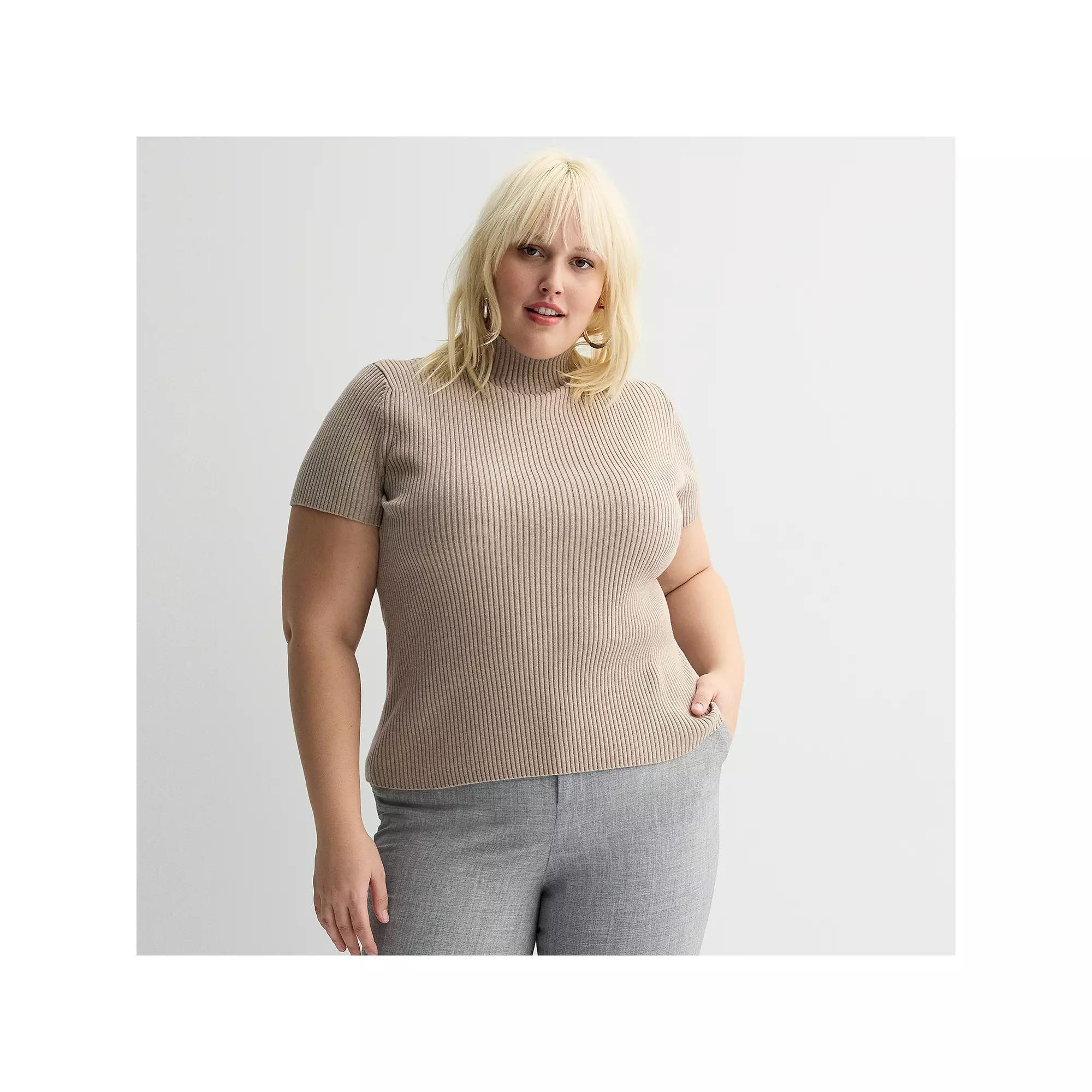 Plus Size Nine West Ribbed Mockneck Short Sleeve Top, Women's, Size: 0X, Medium Beige Product Image