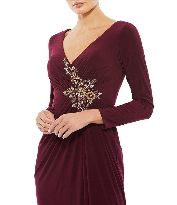Mac Duggal Ruched Rhinestone Applique V-Neck Long Sleeve Gown Product Image