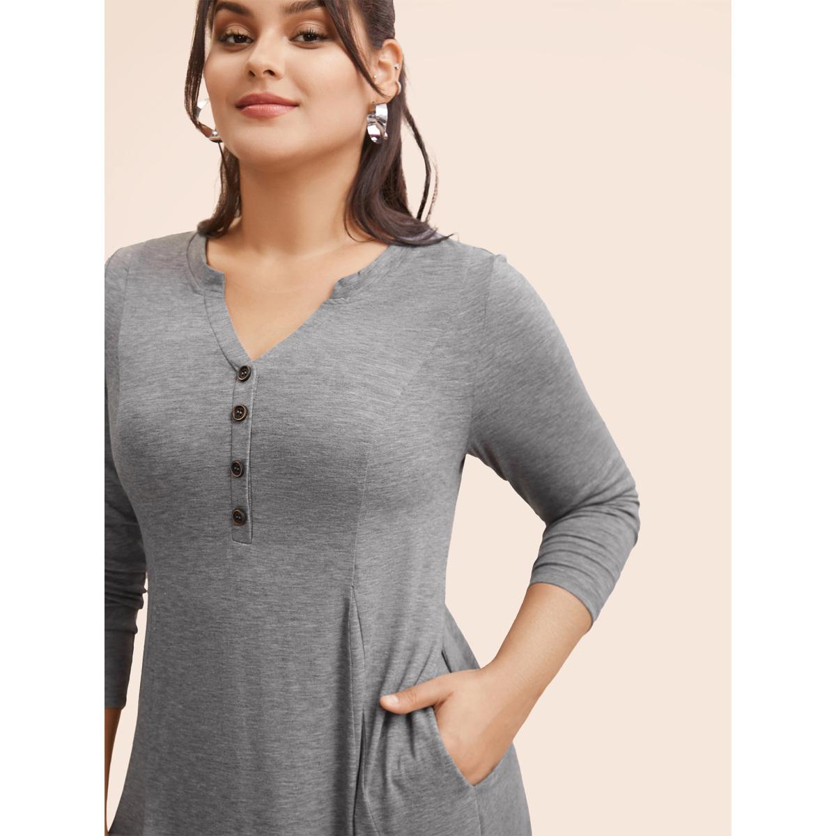 Plus Size Notched Solid Heather Midi Dress Mediumgray Women Casual Button Notched collar Long Sleeve Curvy BloomChic 26/4X Product Image