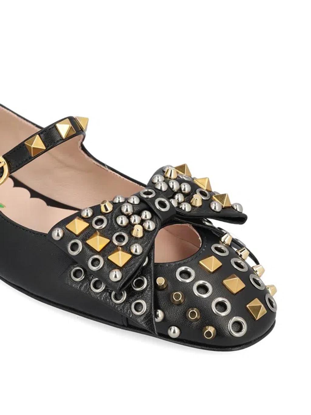 VALENTINO GARAVANI Mary-jane Bowow Ballerina In Kidskin With Studs Woman Black 35 In Multi Product Image
