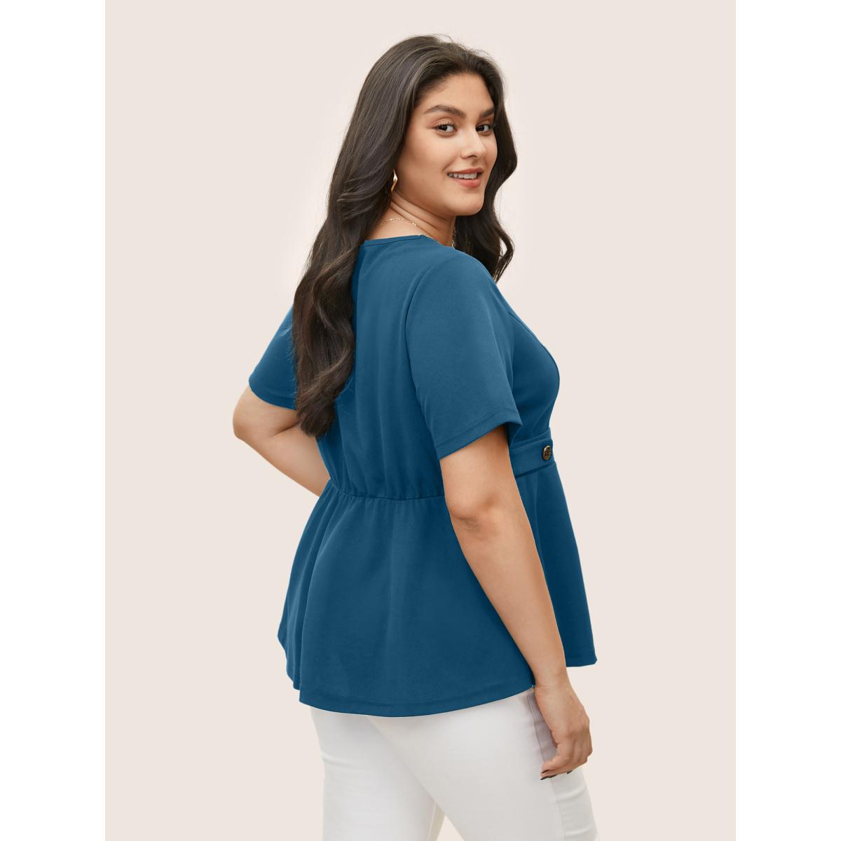 Plus Size Cerulean Square Neck Waist Tab Gathered Blouse Women Workwear Essentials Short sleeve Square Neck Work Blouses BloomChic 26/4X Product Image