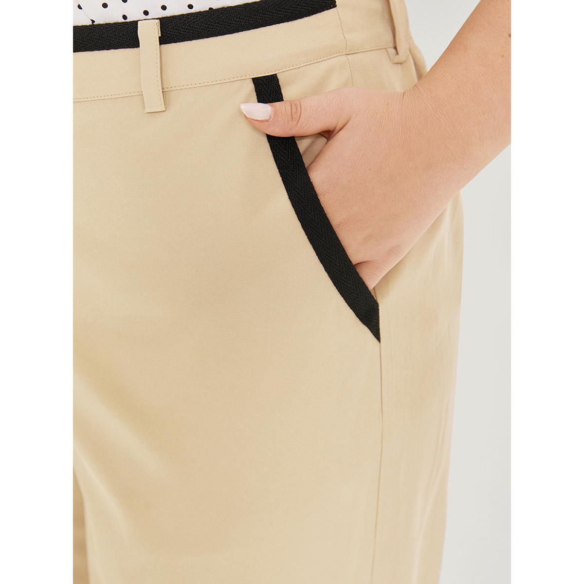 Plus Size Two Tone Pocket Patchwork High Rise Pants Women Ivory Elegant Straight Leg High Rise Dailywear Pants BloomChic 26/4X Product Image