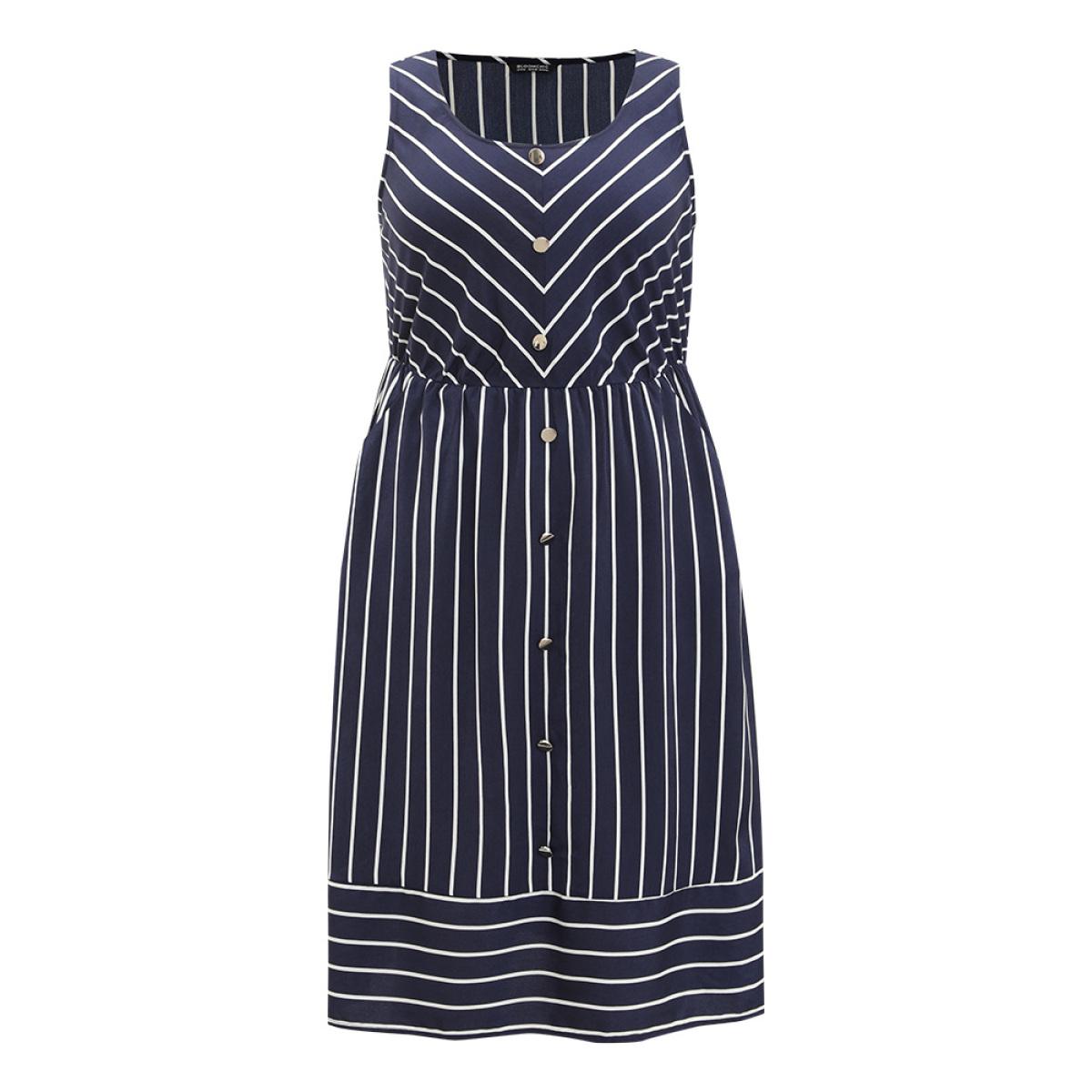 Plus Size Striped Button Detail Elastic Waist Pocket Tank Dress DarkBlue Women Elegant Elastic Waist Scoop Neck Sleeveless Curvy Midi Dress BloomChic 12/L Product Image