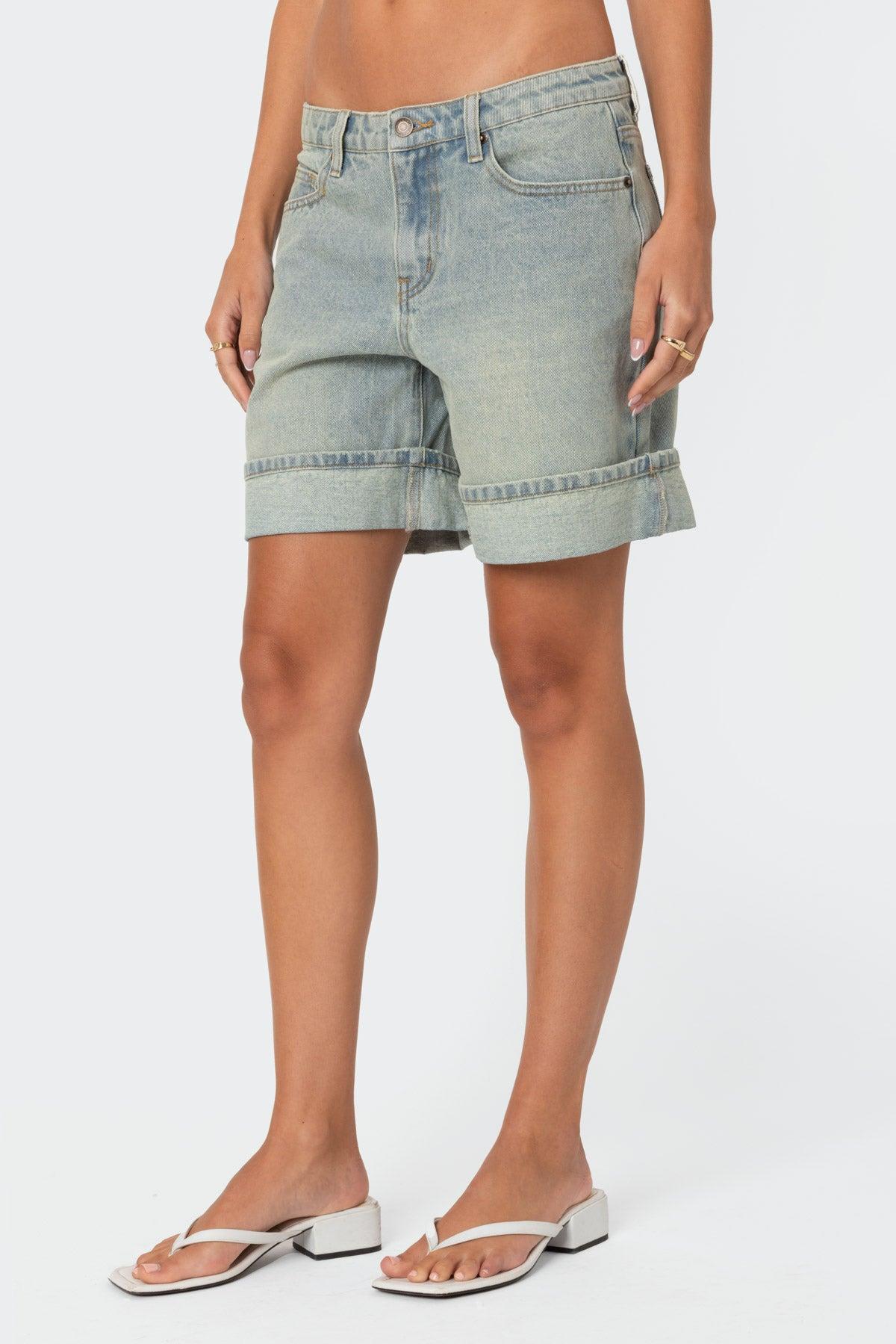 Cuffed Washed Denim Bermuda Shorts Product Image