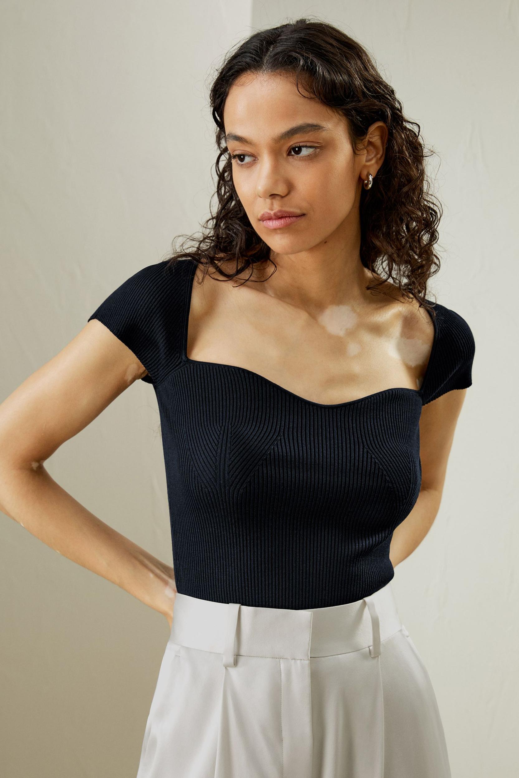 Sweetheart Neck Ribbed Silk Knit Top Product Image