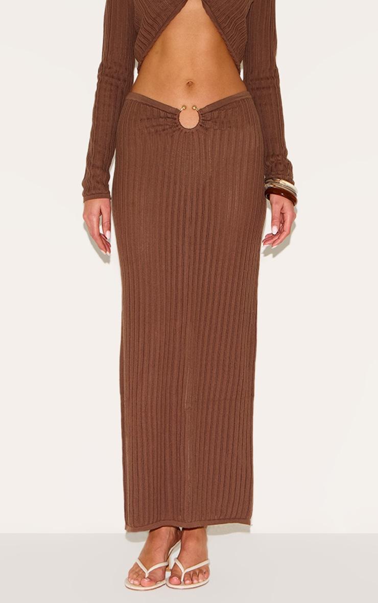 Mocha Pointelle Knit Trim Split Maxi Skirt Product Image