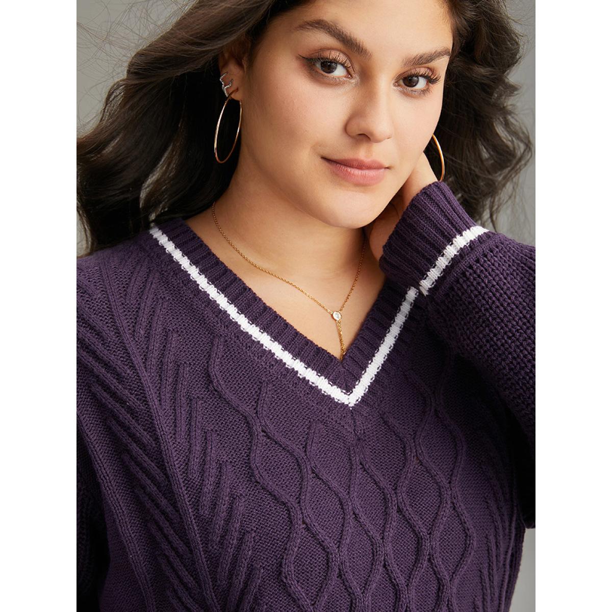 Plus Size Plain Texture Contrast V Neck Cable Knit Pullover Eggplant Women Casual Loose Long Sleeve V-neck Dailywear Pullovers BloomChic 10/M Product Image