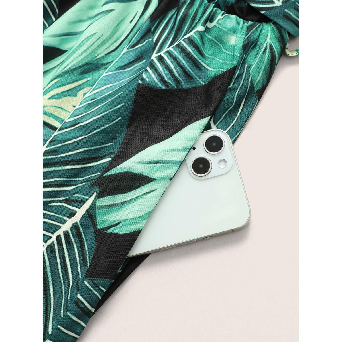 Plus Size Tropical Print Knotted Pocket Ruffles Belted Halter Dress Black Women Resort Non Halter neck Sleeveless Curvy Midi Dress BloomChic 12/L Product Image