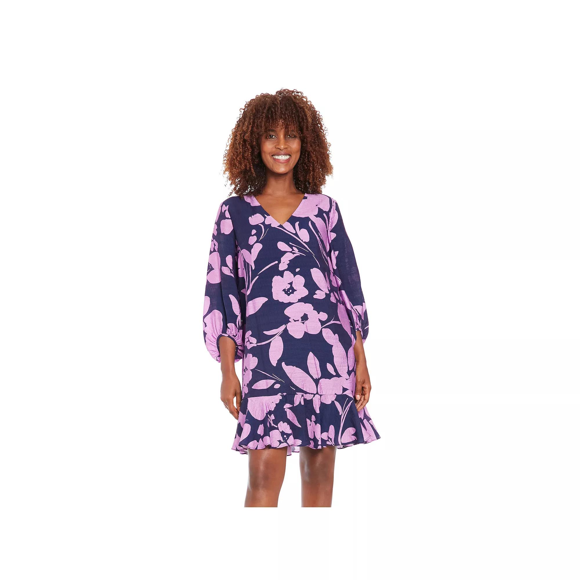 Women's London Times V-Neck Bishop Sleeve Flounce Hem Shift Dress,  Product Image