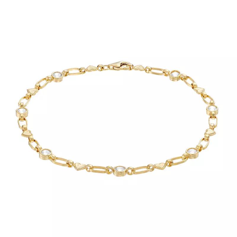 Kristen Kesho Sterling Silver Lab-Created White Sapphire Heart Link Bracelet, Women's, Size: 7.5", Gold Tone Product Image