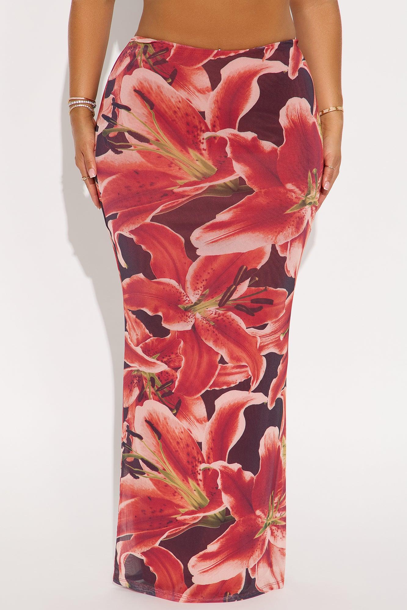 Late Nights In Santorini Floral Mesh Maxi Skirt - Orange/combo Female Product Image