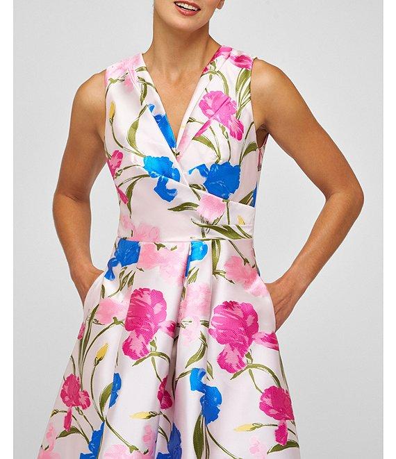 Kay Unger Payton Iris Jacquard Surplice V-Neck Sleeveless Pleated Floral Midi A-Line Gown Product Image