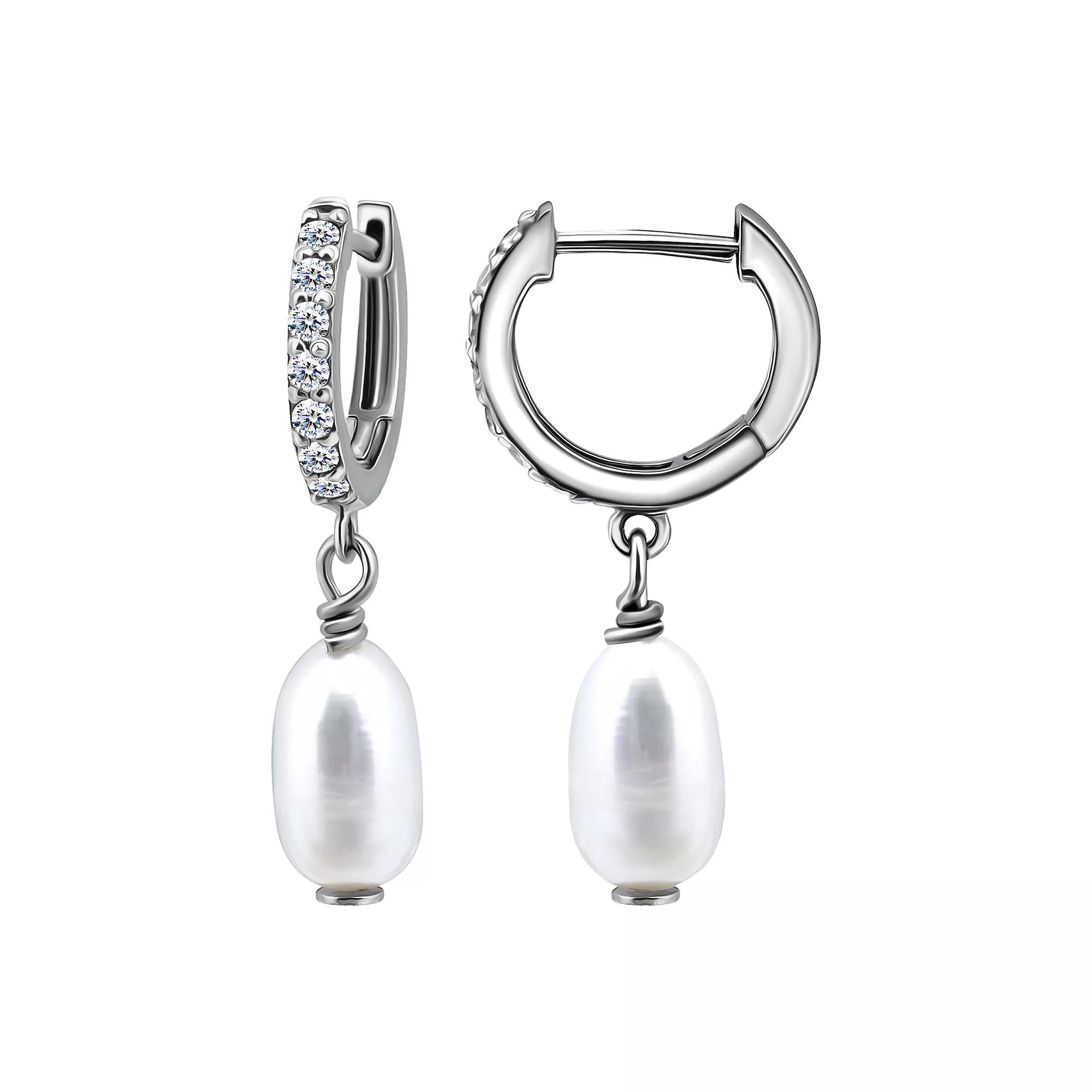 Aleure Precioso Sterling Silver Freshwater Cultured Pearl Drop & Pave Cubic Zirconia Huggie Hoop Earrings, Women's, Silver Tone Product Image