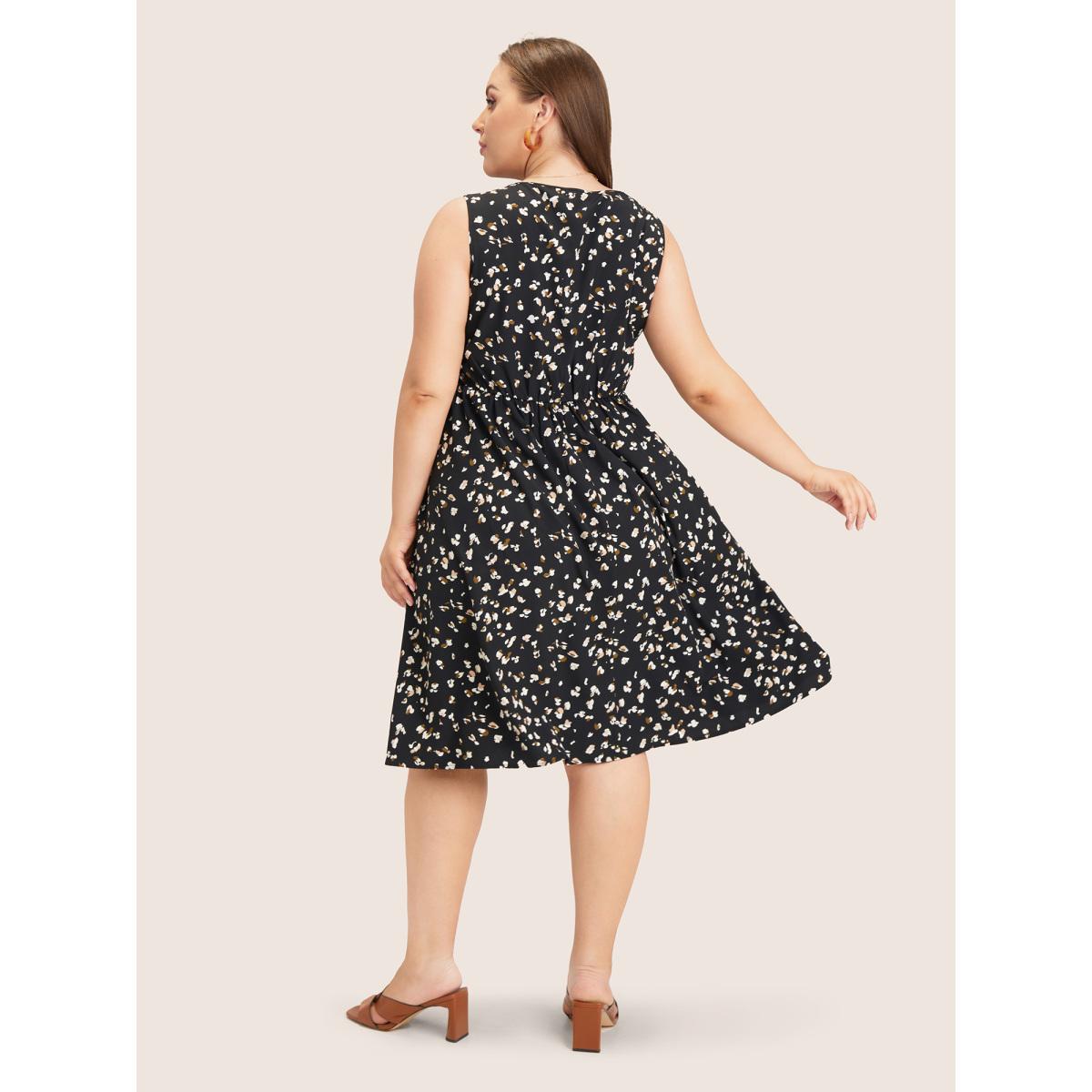 Plus Size Allover Print Pocket Flutter Crossover Ruched Tank Dress Black Women Elegant Twist Round Neck Sleeveless Curvy Midi Dress BloomChic 12/L Product Image