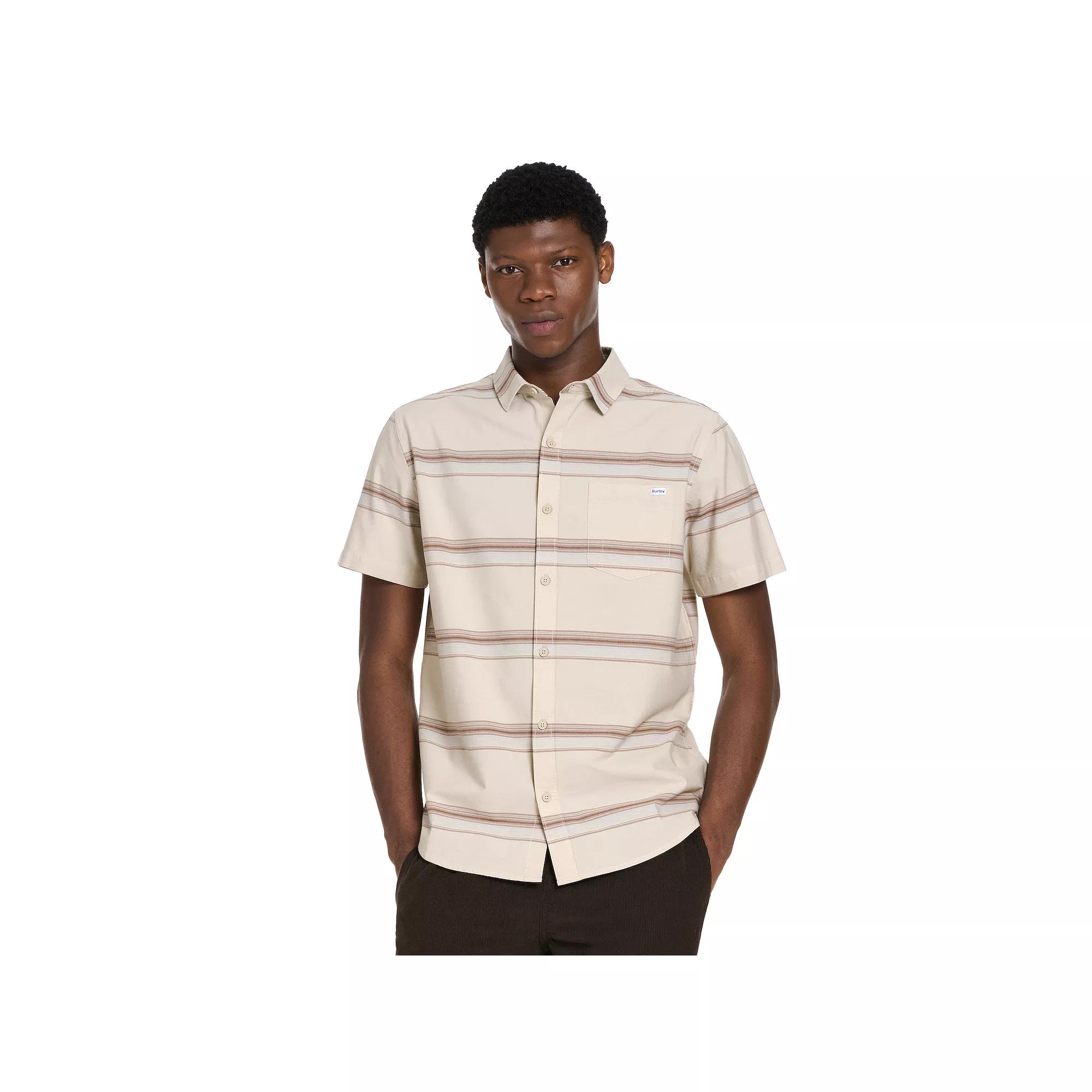 Men's Hurley Tropical Print Short Sleeve Button-Up Shirt, Size: Small, Ivory Stripe Product Image