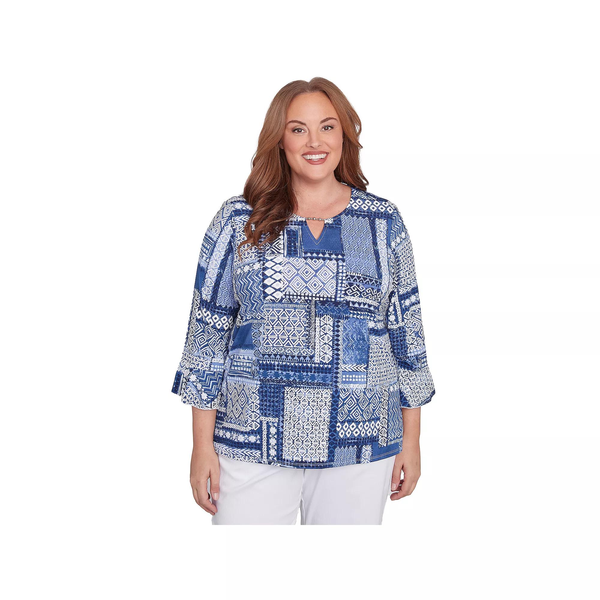 Plus Size Alfred Dunner Beaded Splitneck Patchwork Top, Women's, Size: 1XL, Blue Product Image
