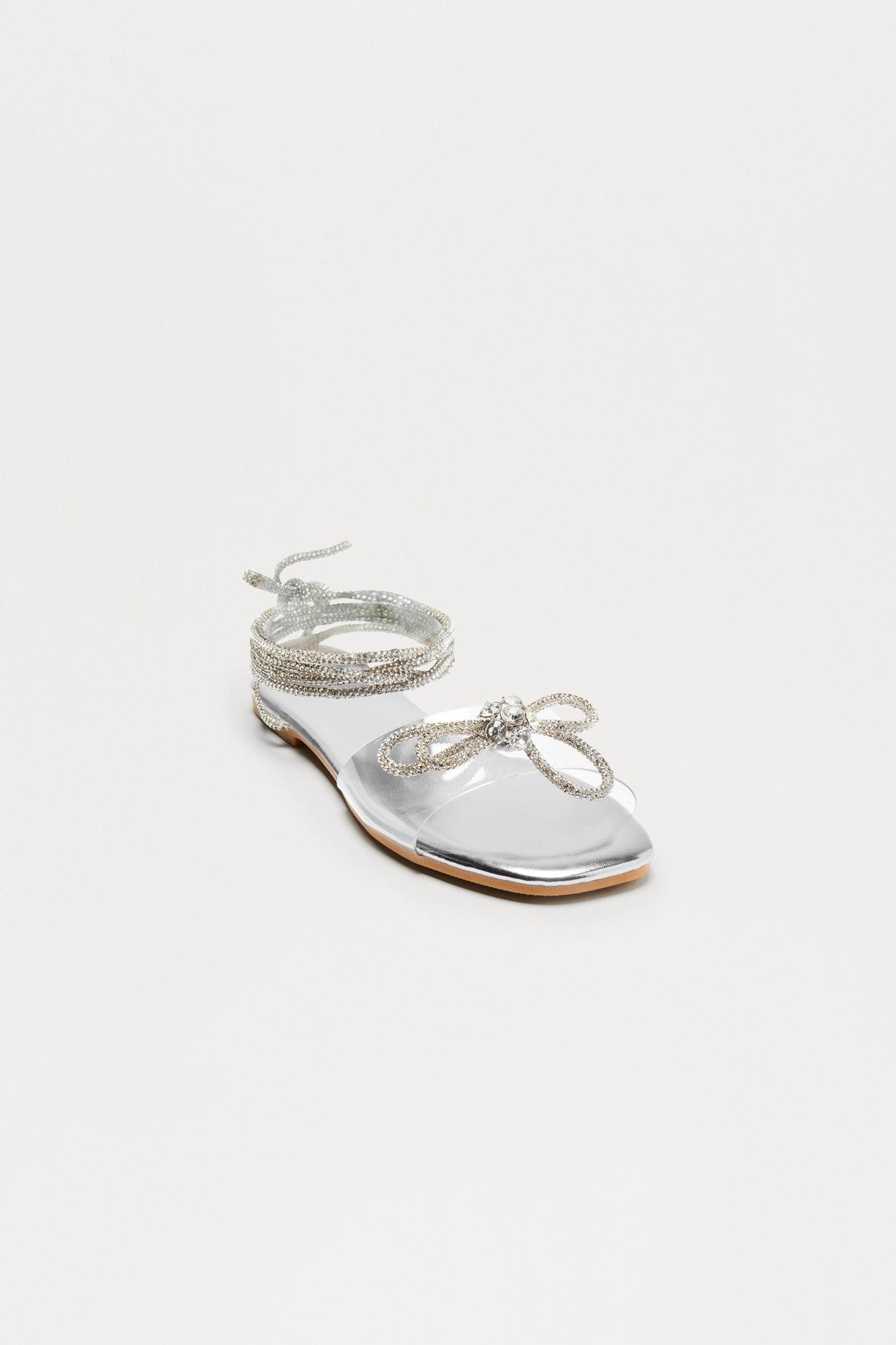 Elian Rhinestone Bow Wrap Up Sandals - Silver Product Image