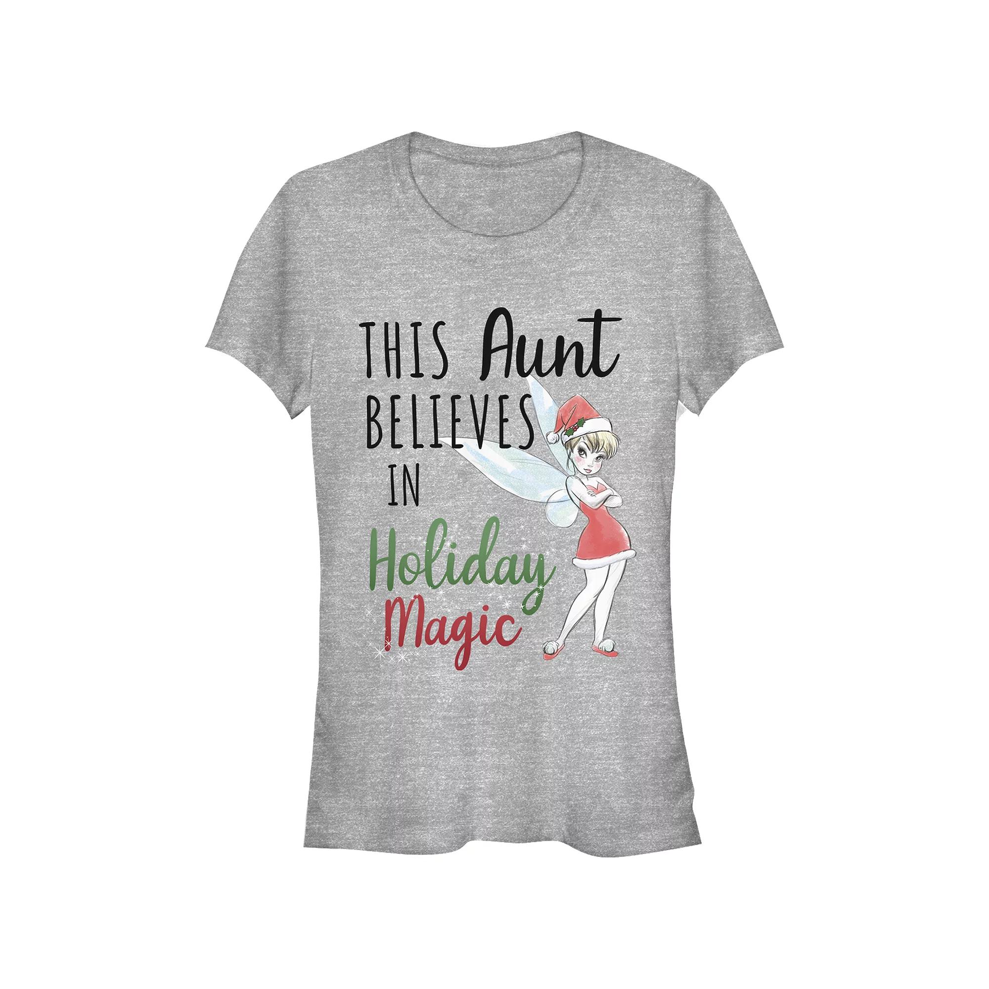 Disney's Tinker Bell This Aunt Believes In Holiday Magic Women's Fitted Graphic Tee, Size: Small, Athletic Grey Product Image