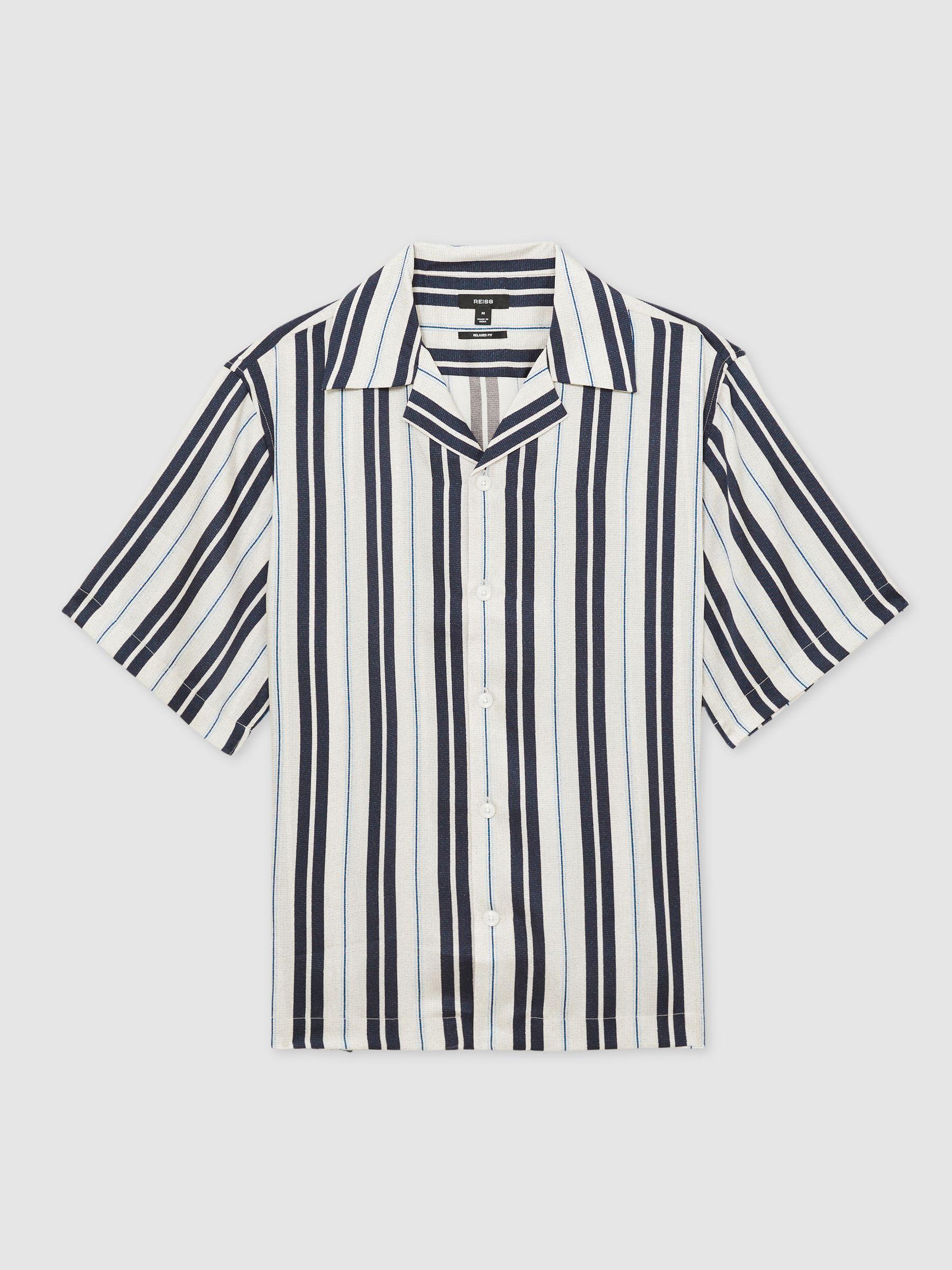 Wide-Stripe Cuban-Collar Shirt in White/Navy Product Image