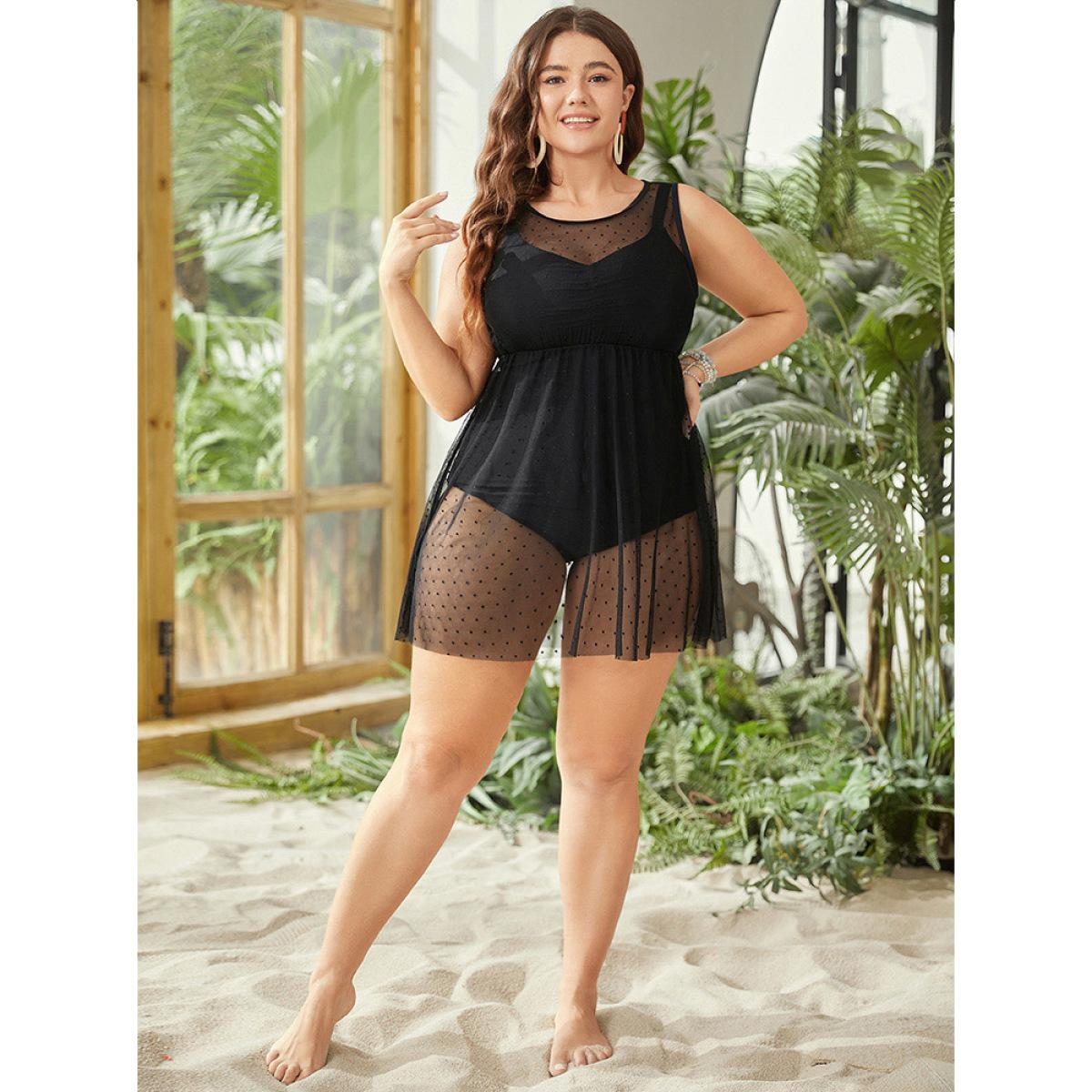 Plus Size Cut Out Mesh Ruffle Hem Bowknot Sleeveless Swim Dress Women's Swimwear Black Vacation Bodycon Round Neck High stretch Curve Swim Dresses BloomChic 22-24/3X Product Image