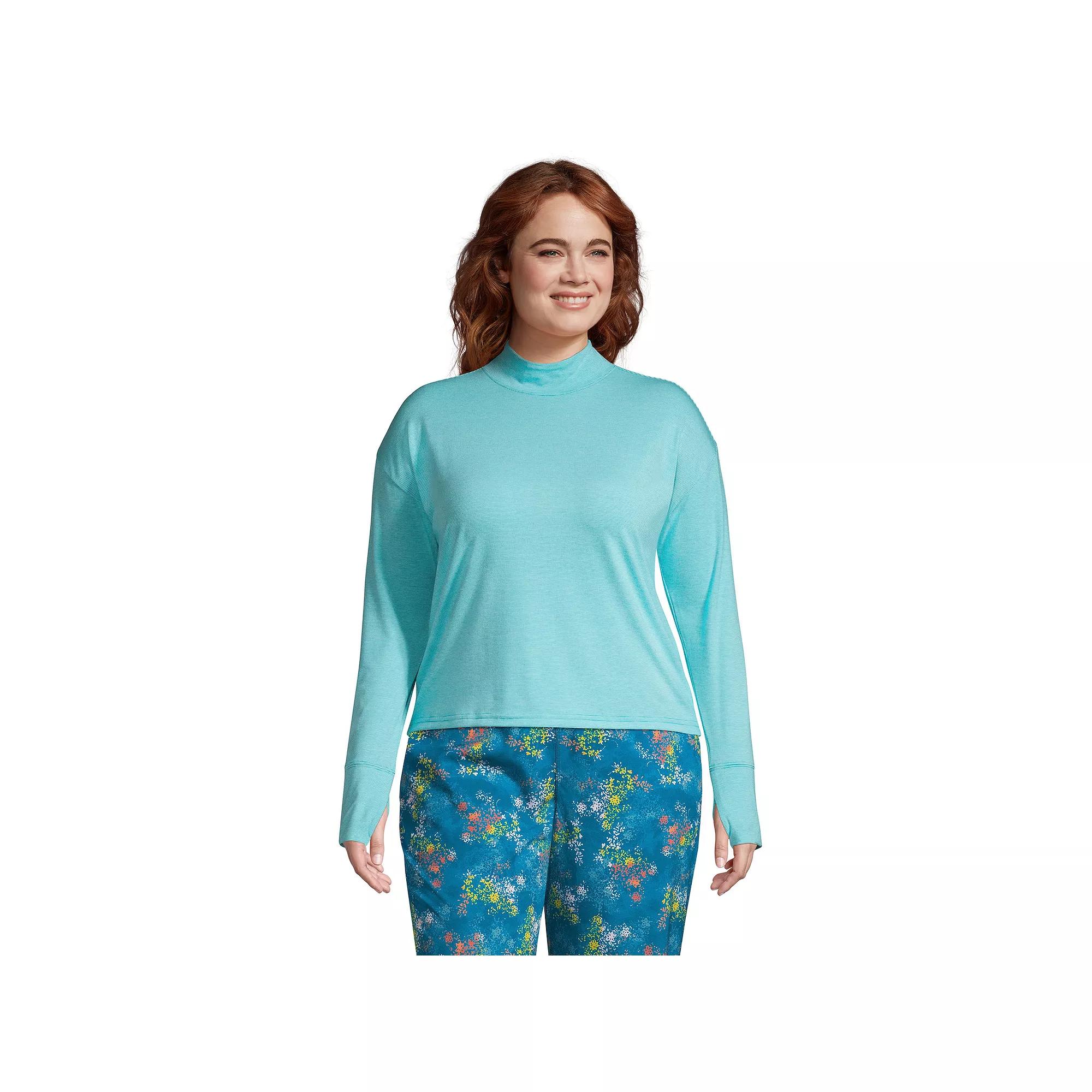 Plus Size Lands' End Performance Mockneck Tee, Women's, Size: 1XL, Blue Pinstripe Product Image