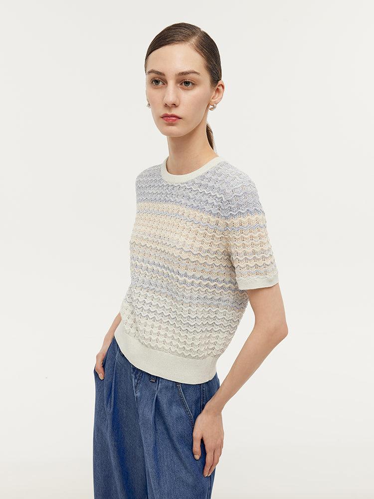 Blue And White Gradient Stripe Women Knit Top Product Image