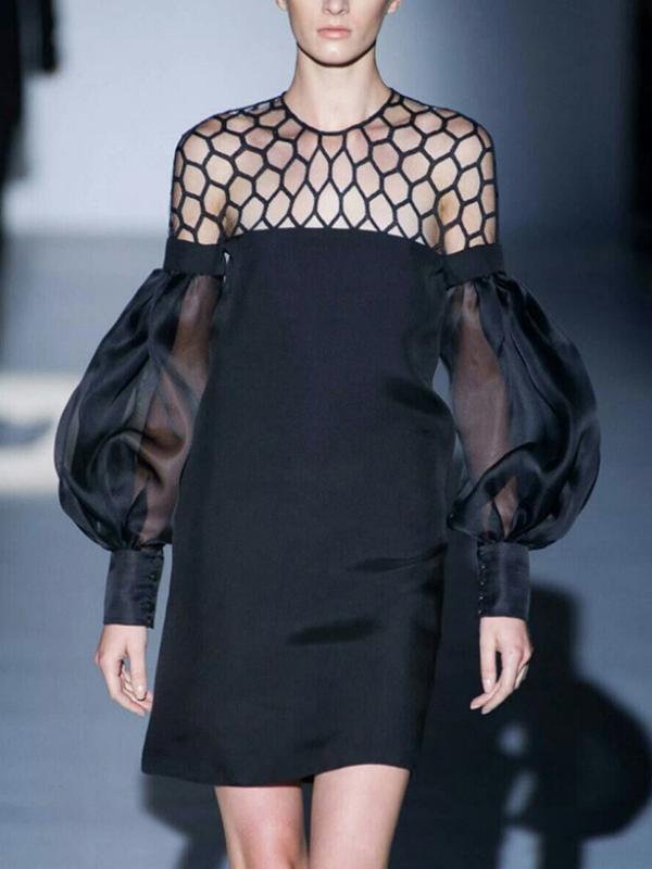 Long Sleeves Loose Hollow Solid Color Split-Joint Round-Neck Mini Dresses Product Image