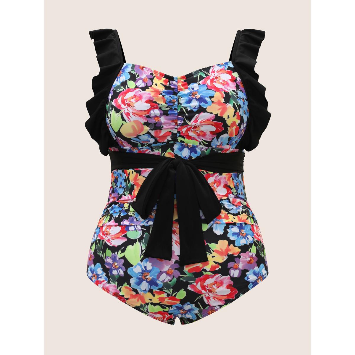 Plus Size Floral Contrast Tie Knot Ruffle Trim One Piece Swimsuit Women's Swimwear Black Beach Tie knot Curve Bathing Suits High stretch One Pieces BloomChic 28/5X Product Image