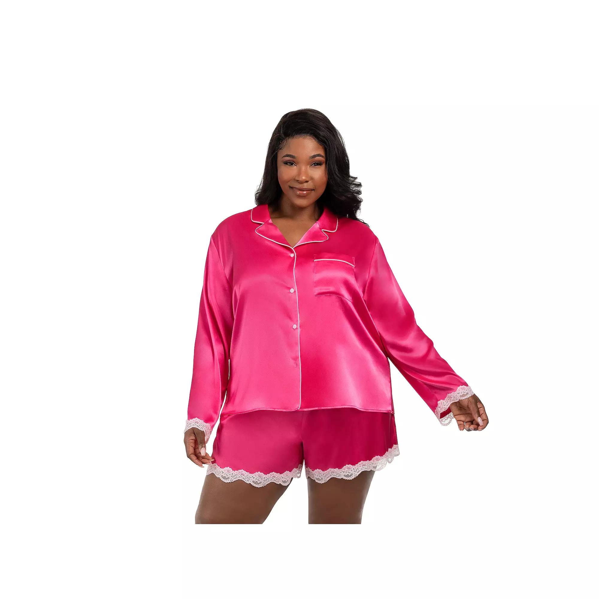 Plus Size Lilac+London 2-Piece Long Sleeve Pajama Top & Pajama Shorts Set, Women's, Size: 3XL, Solid Pink Product Image
