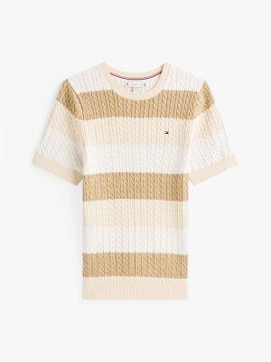 Short-Sleeve Stripe Cable Knit Sweater Product Image
