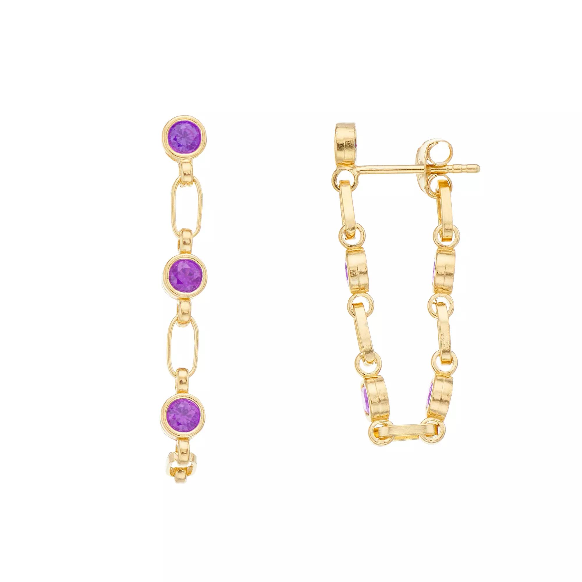 Kristen Kesho Sterling Silver Lab-Created Amethyst Chain Hoop Earrings, Women's, Gold Tone Product Image