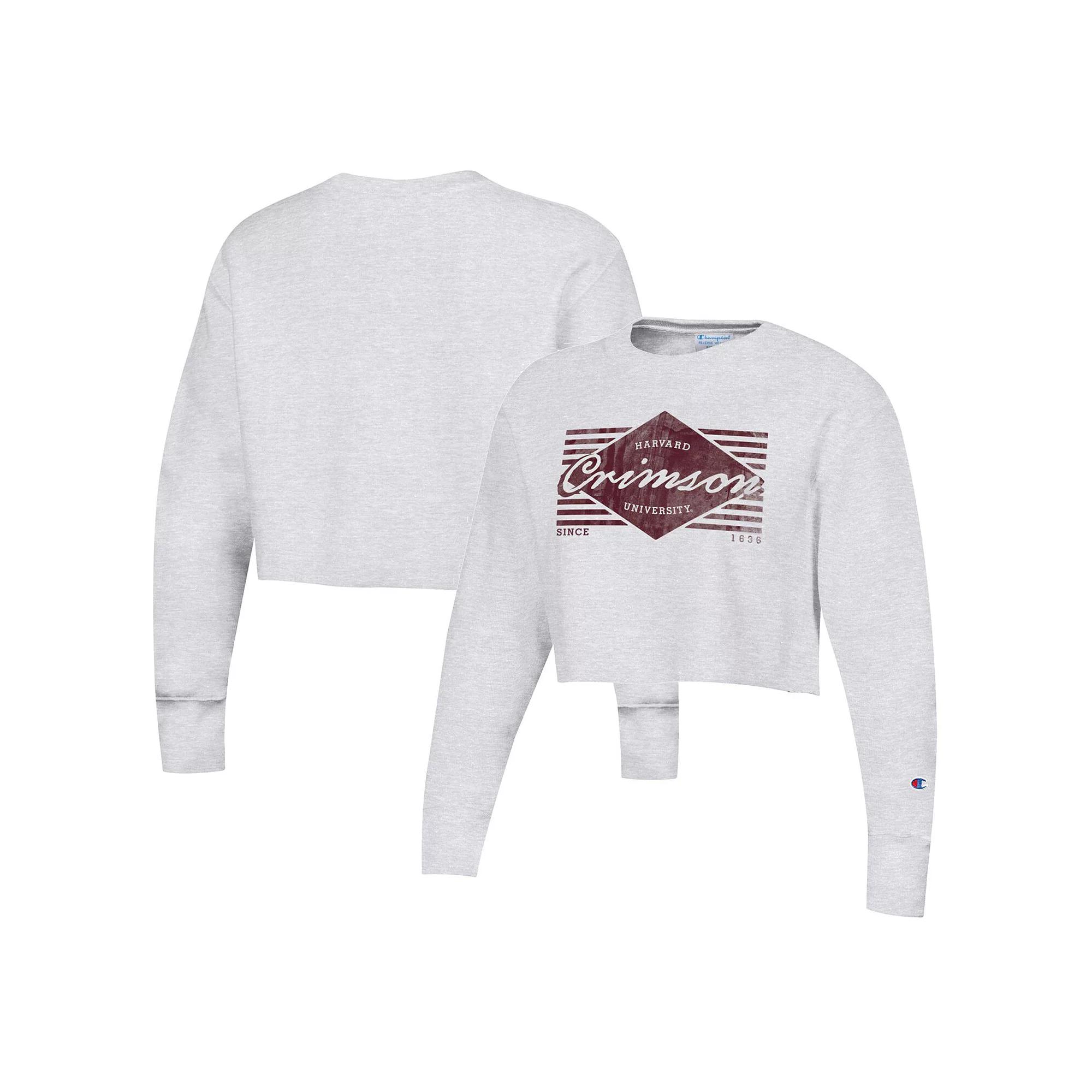 Women's Champion Heather Gray Harvard Crimson Reverse WeaveÂ Cropped Pullover Sweatshirt,  Product Image