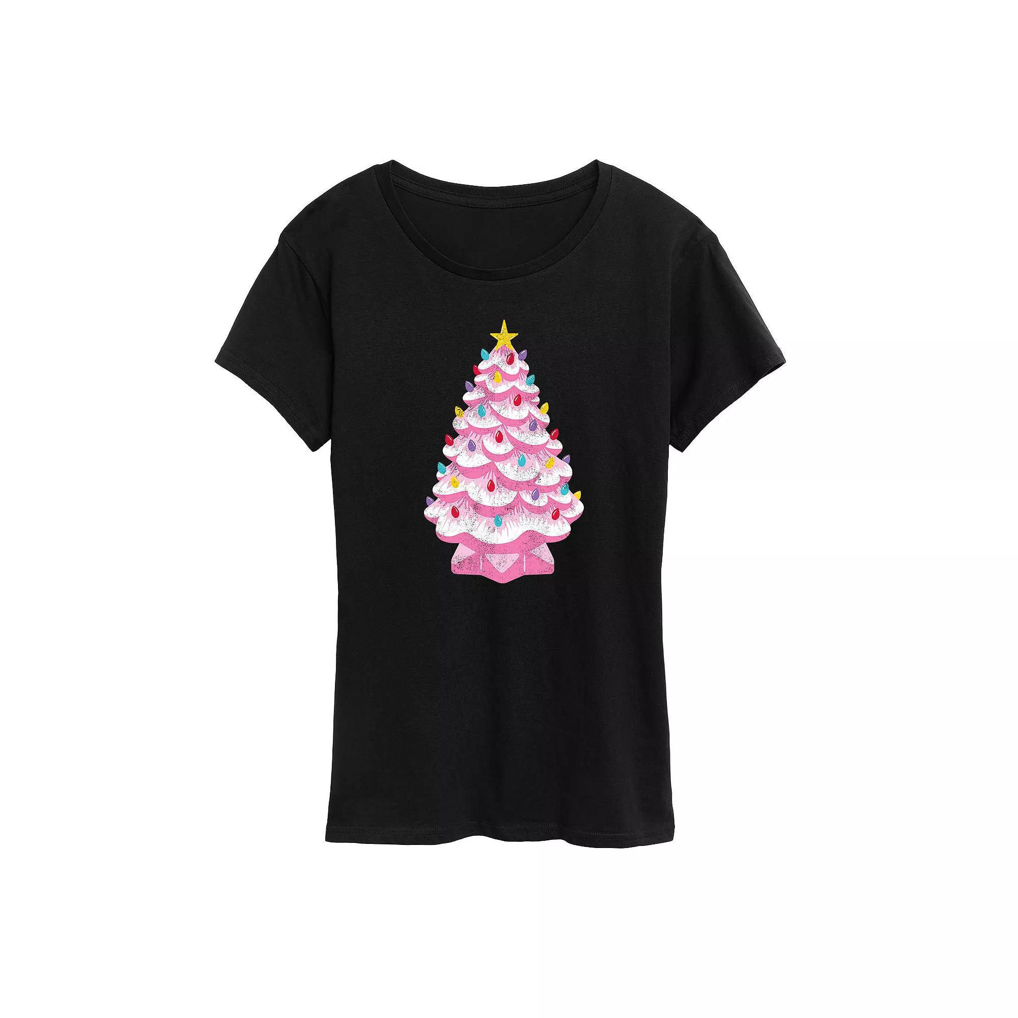 Plus Retro Pink Christmas Tree Graphic Tee, Women's,  Product Image