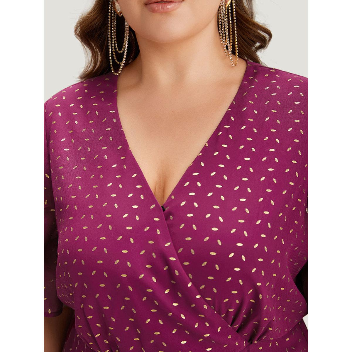 Plus Size Glitter Geo Graphic Pocket Wrap Hem Dress RedViolet Women Party Wrap V-neck Short sleeve Curvy Midi Dress BloomChic 12/L Product Image