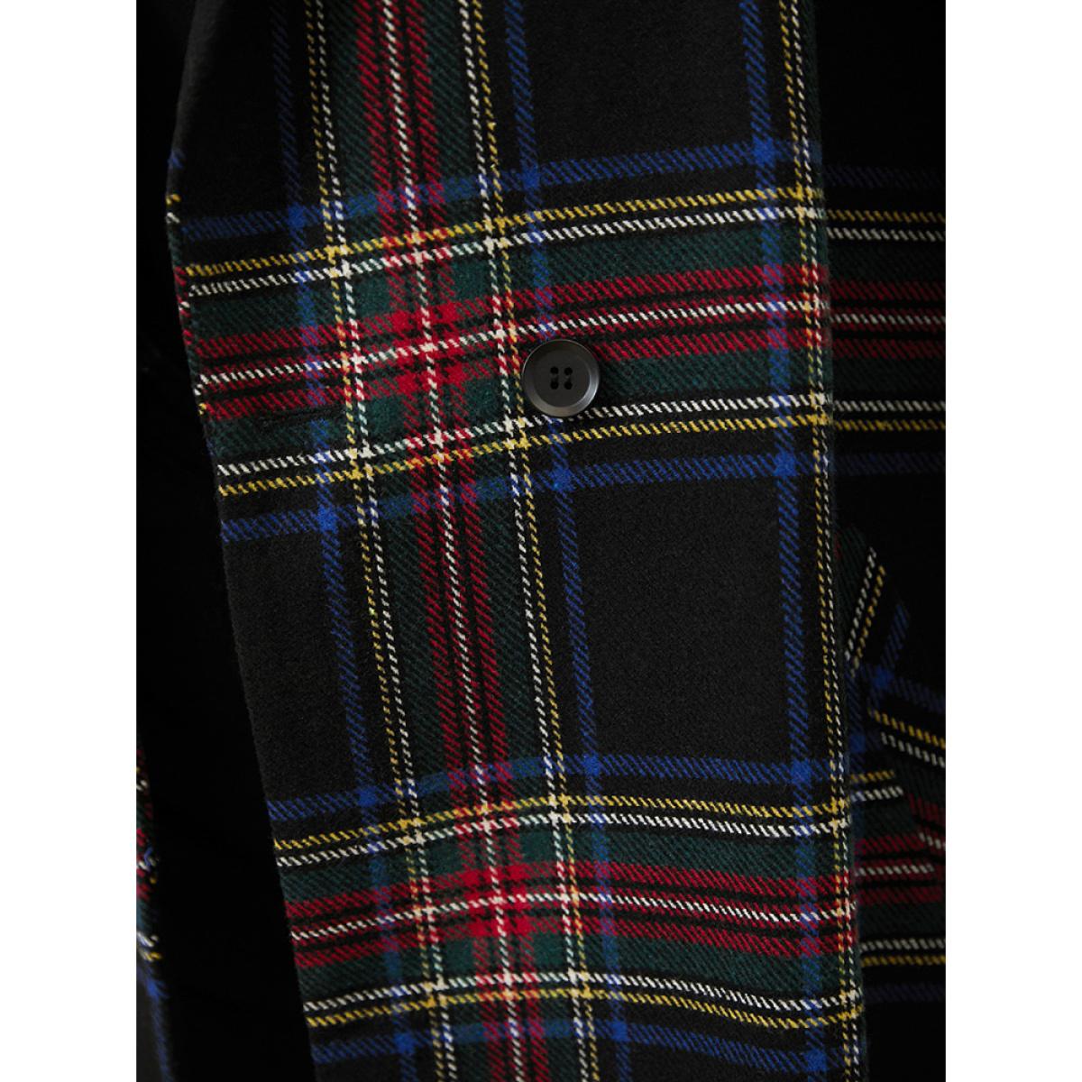 Plus Size Plaid Button Through Pocket Lapel Collar Coat Women Black Casual Pocket Ladies Dailywear Winter Coats BloomChic 12/L Product Image