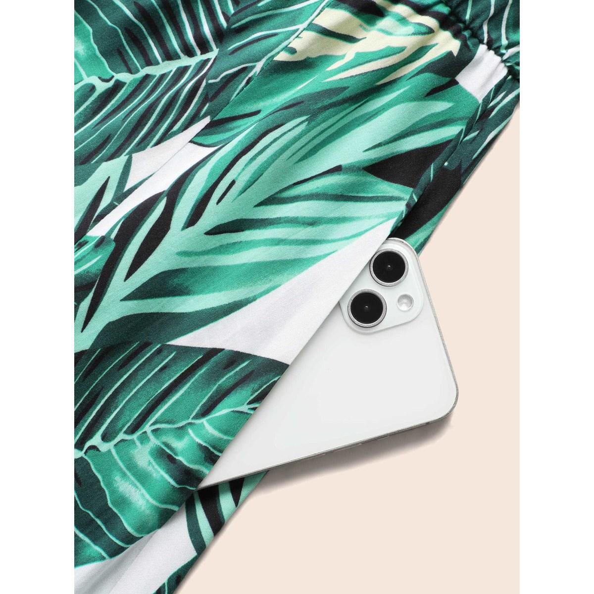 Plus Size Tropical Print Knotted Pocket Ruffles Belted Halter Dress Emerald Women Resort Non Halter neck Sleeveless Curvy Midi Dress BloomChic 18-20/2X Product Image