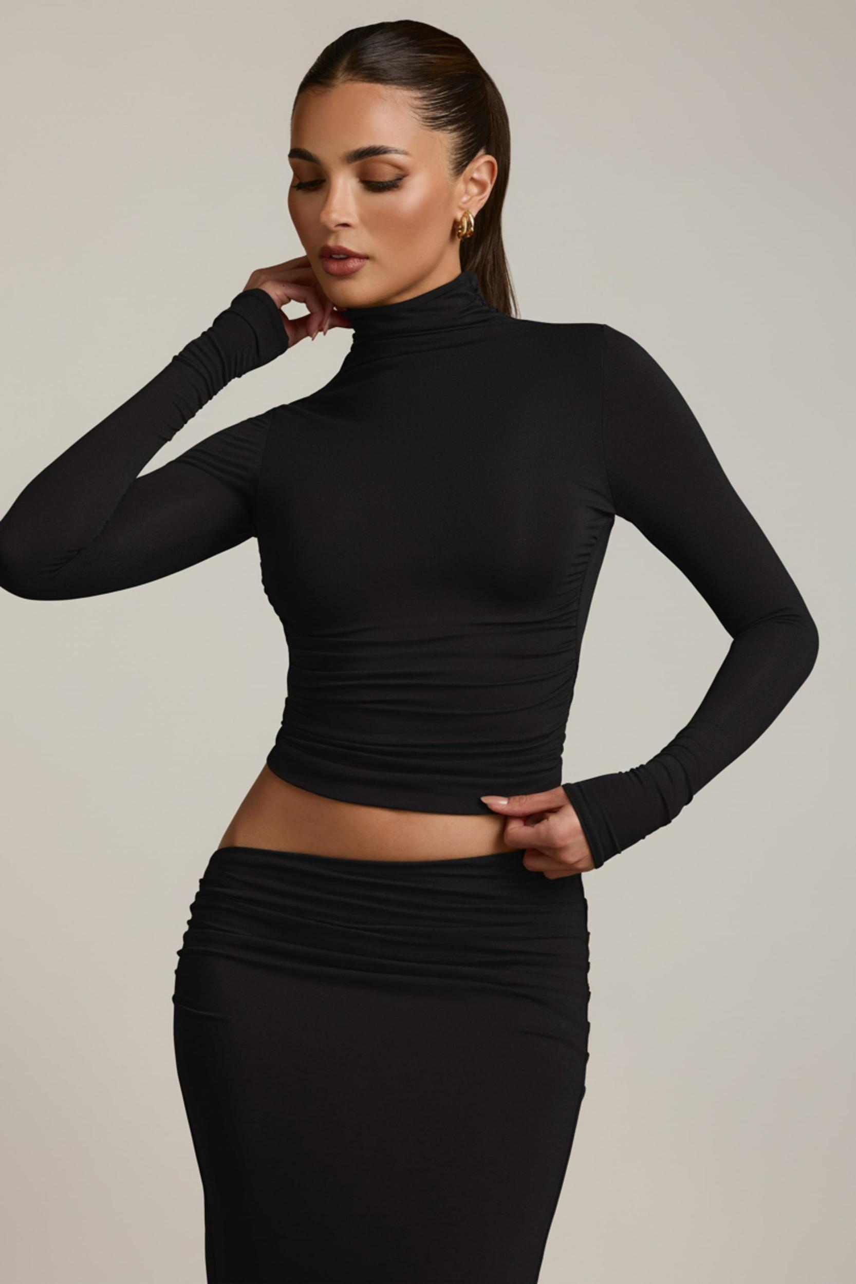 Modal Ruched Backless Turtleneck Top in Black Product Image